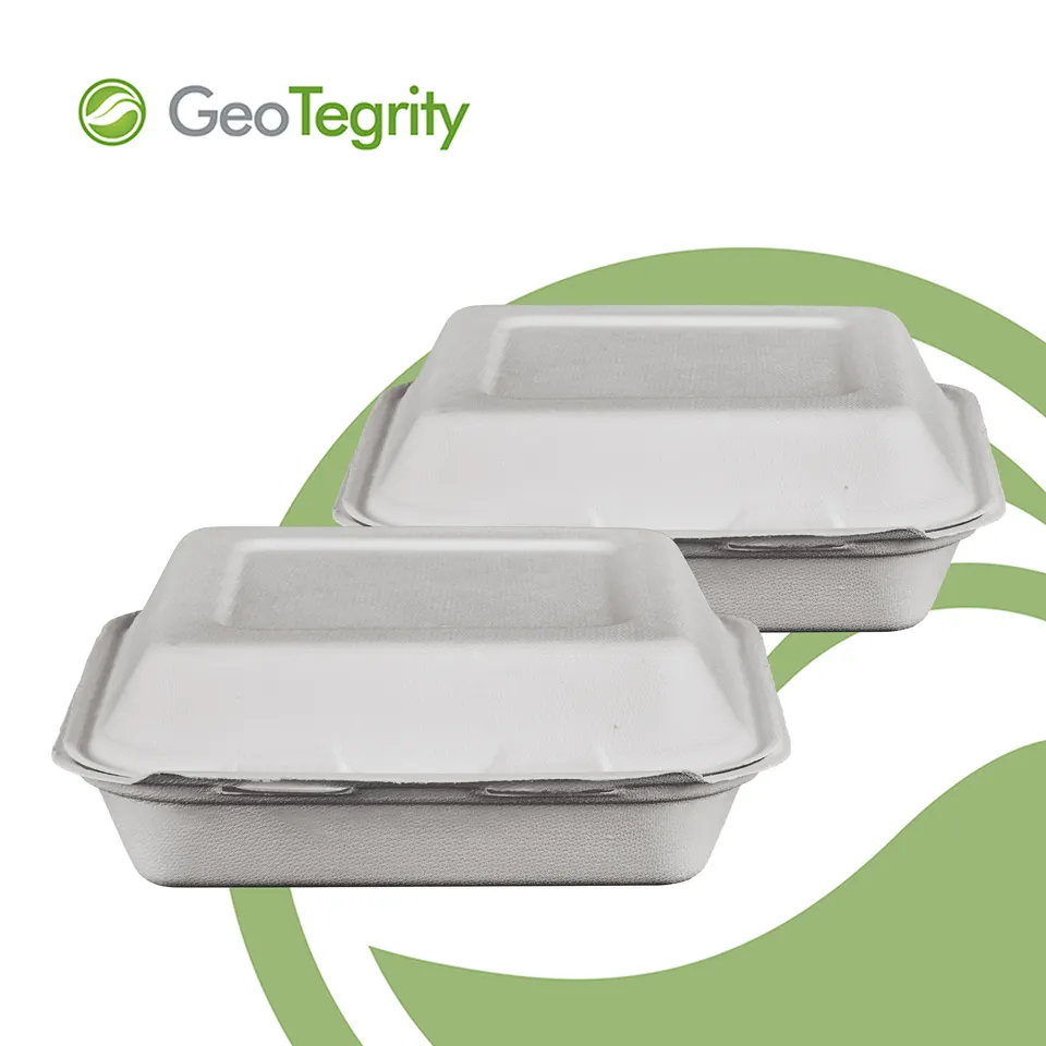 一次性翻盖式可生物降解甘蔗渣食品 8' x 8' 3-C 铰链容器