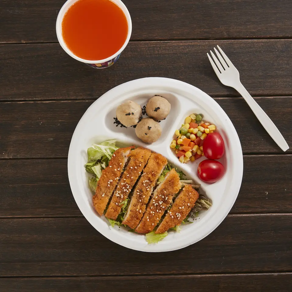  可生物降解圆形一次性餐具甘蔗浆纸方9英寸3格盘