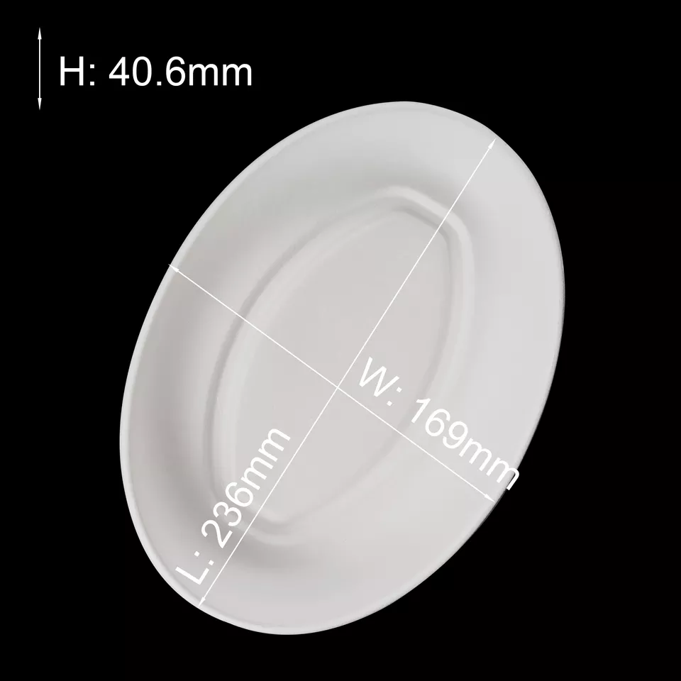 批发无PFAS环保可生物降解植物纤维甘蔗渣纸浆模塑一次性椭圆形碗