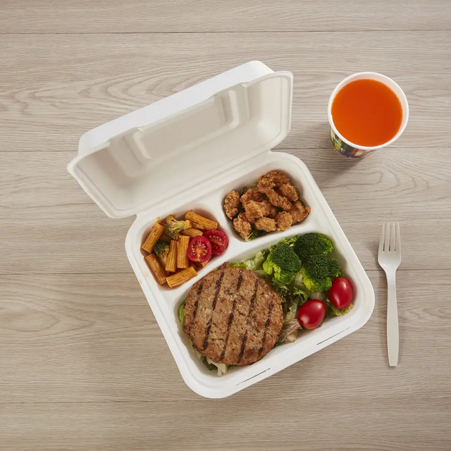一次性翻盖式可生物降解甘蔗渣食品 9' x 9' 3-C 铰接容器