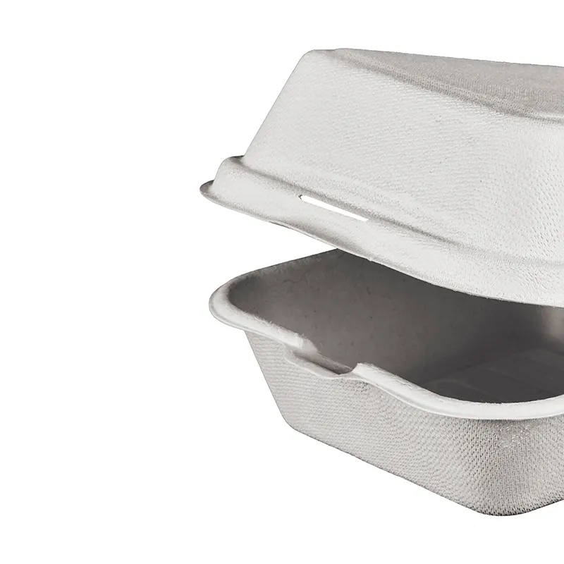 高品质甘蔗餐具一次性午餐盒 6' x 6' 铰链容器汉堡包盒可印刷