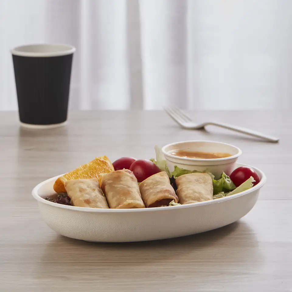 可生物降解一次性外卖食品容器汤杯 100% 甘蔗/甘蔗渣纸浆 26 盎司椭圆形碗带盖 