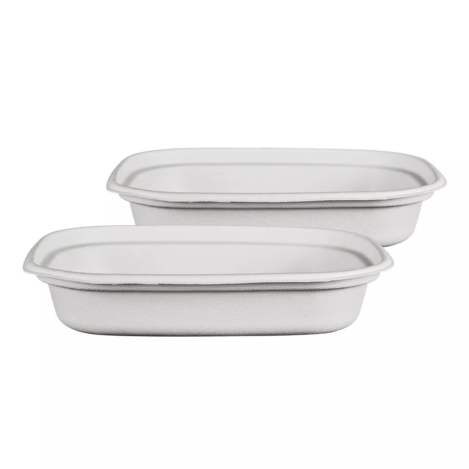 可生物降解植物纤维沙拉纸甘蔗渣纸浆模塑 1100 毫升长方形一次性食品碗